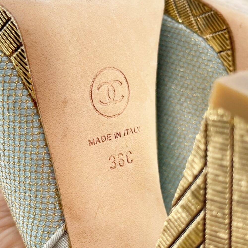 Chanel Cruise 2013 Metallic Gold Teal Satin Camellia Flower Slingback Heels 36C - Picture 12 of 13